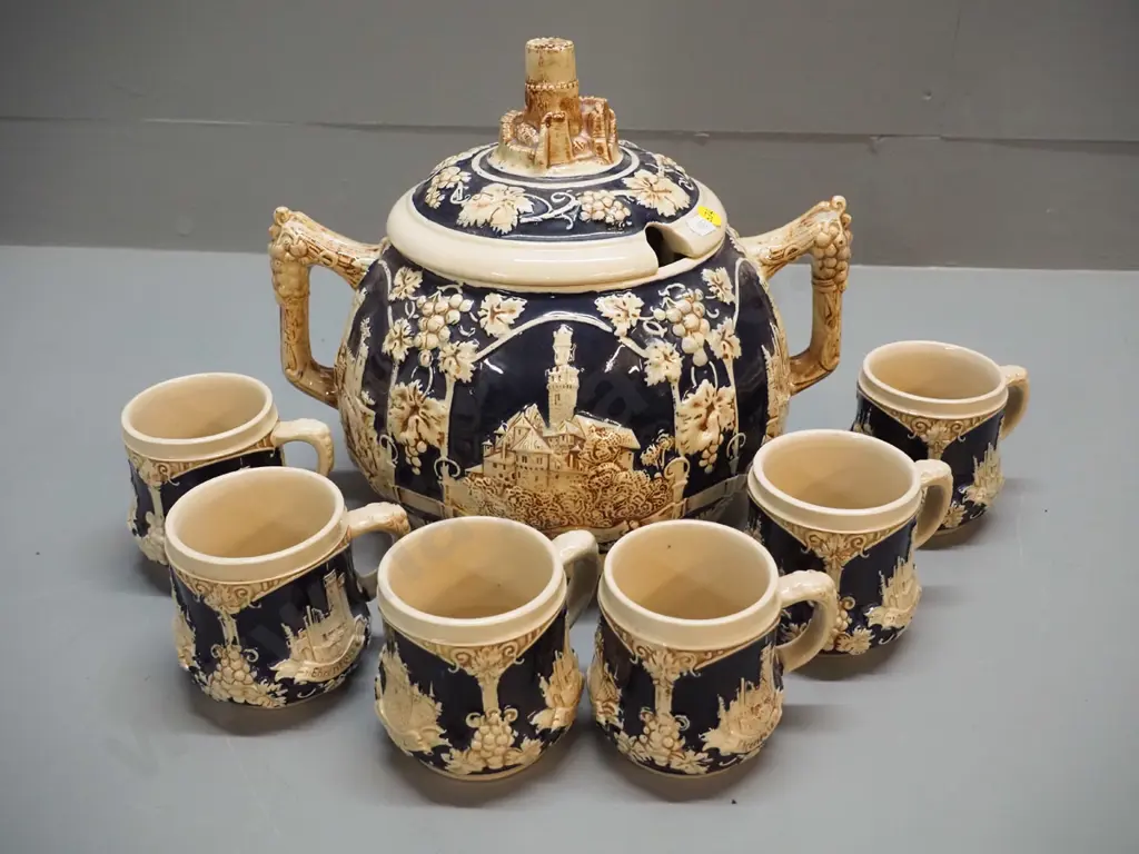 raised-motif navy and cream colour lidded rum pot and 6 mugs - marked 'Made in Western Germany' Pot H280 W300 Image 1++