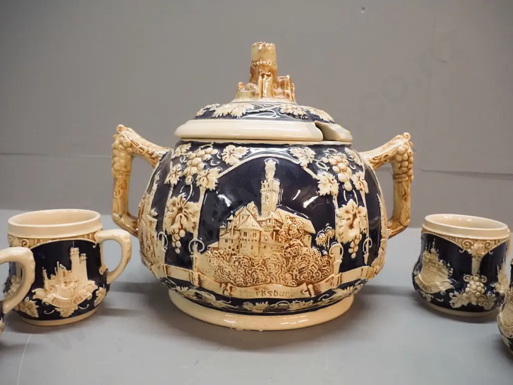 raised-motif navy and cream colour lidded rum pot and 6 mugs - marked 'Made in Western Germany' Pot H280 W300 Image 1++