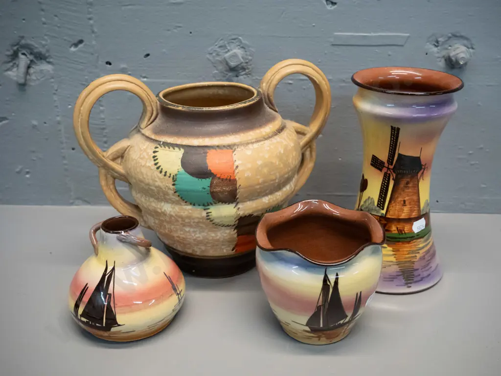 3 pieces Watcombe Torquay ware and a matte glaze deco urn vase. Torquay vase H-210 Image 1++