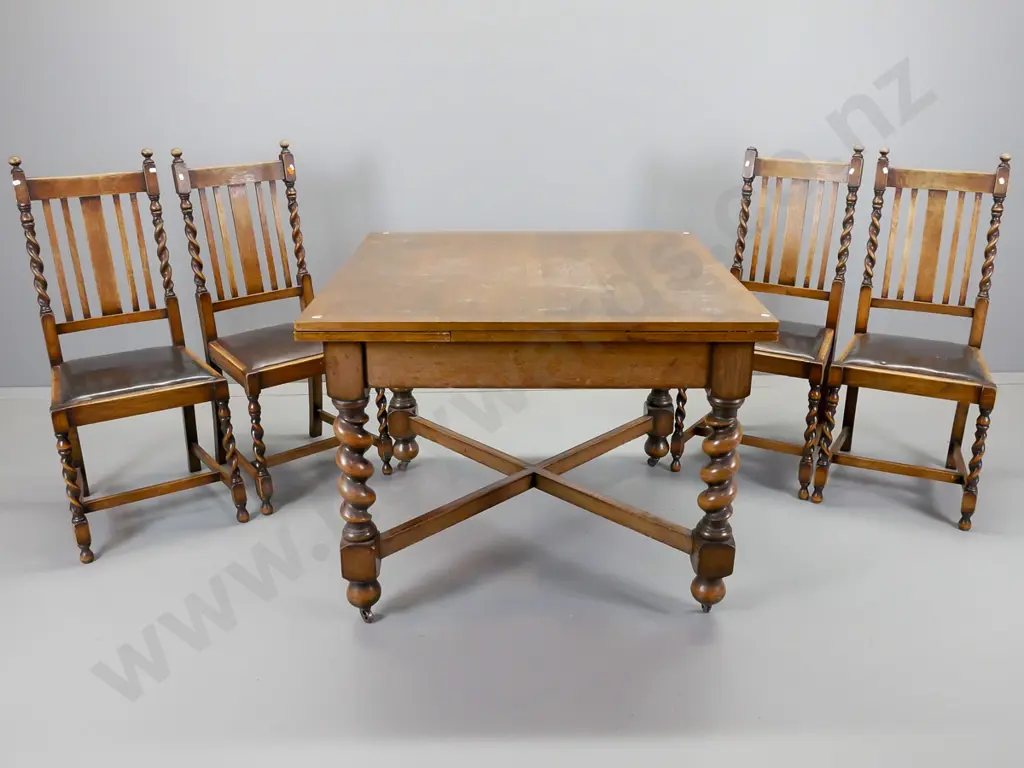 oak Jacobean style drawer leaf table and four chairs, table having twist legs on X-frame stretcher base Image 1++