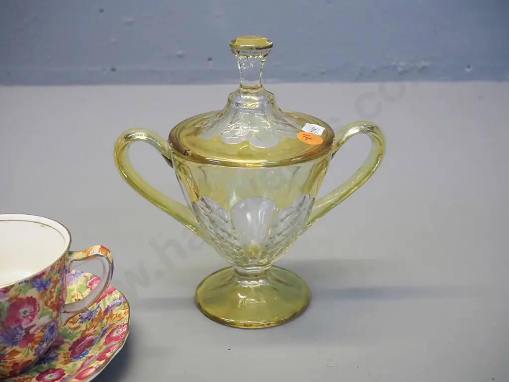 clear with yellow design depression glass etched NZ & South Sea 1926 souvenir lidded comport and 2 Grimwades "Royalty" Image 1++