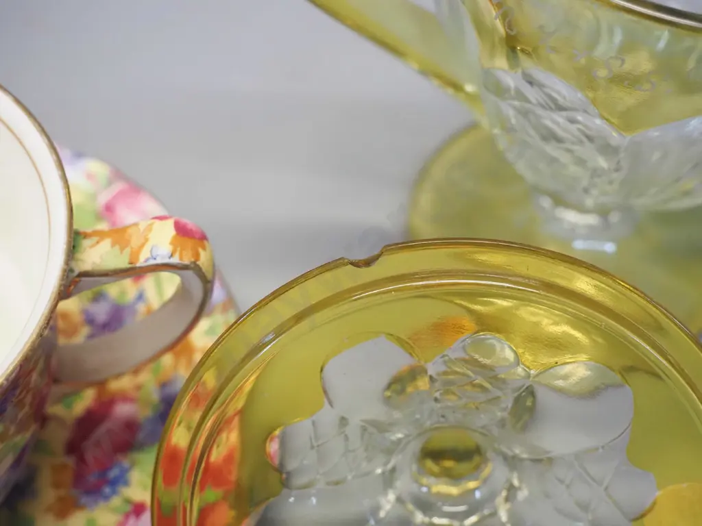 clear with yellow design depression glass etched NZ & South Sea 1926 souvenir lidded comport and 2 Grimwades "Royalty" Image 1++