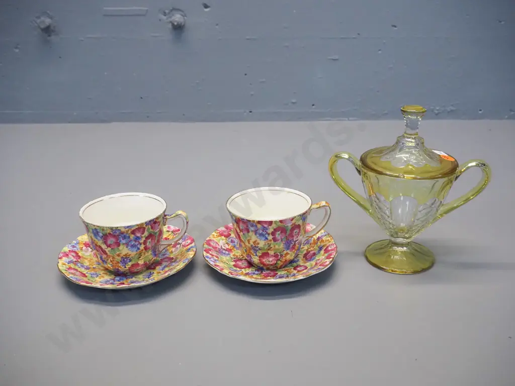 clear with yellow design depression glass etched NZ & South Sea 1926 souvenir lidded comport and 2 Grimwades "Royalty" Image 1++