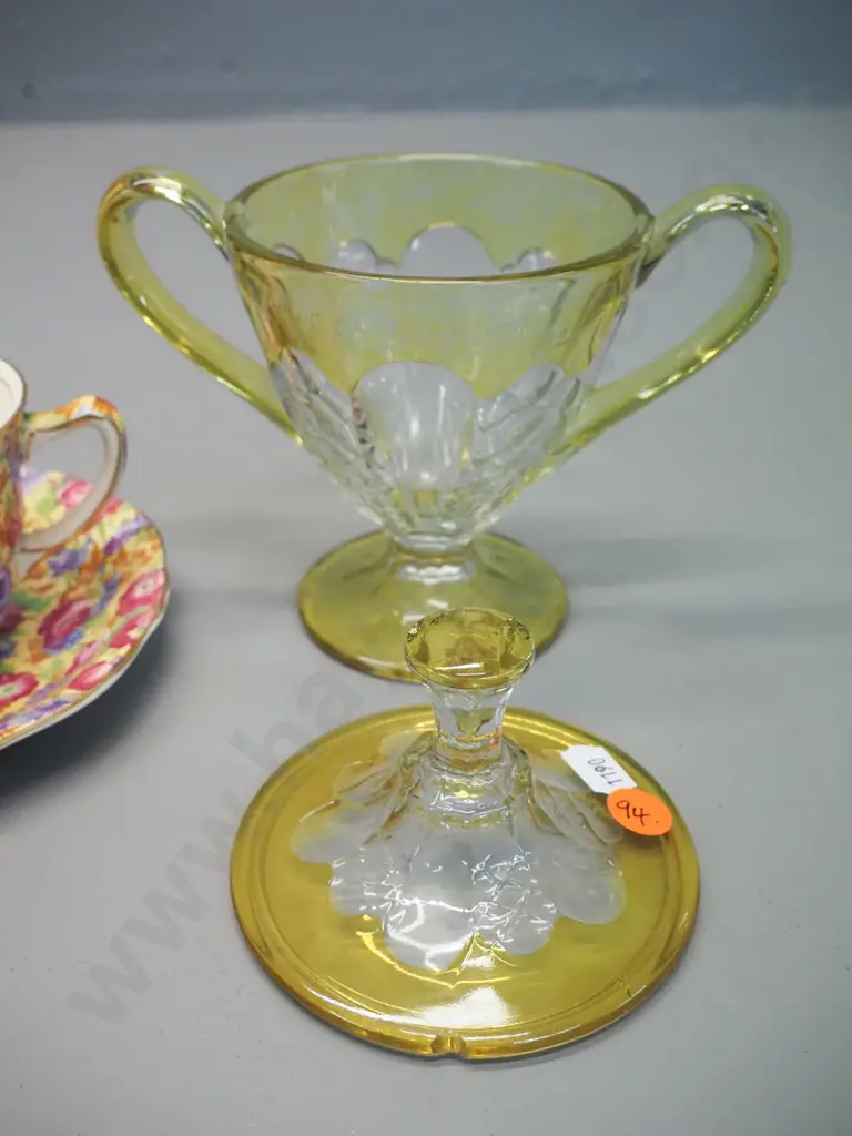 clear with yellow design depression glass etched NZ & South Sea 1926 souvenir lidded comport and 2 Grimwades "Royalty" Image 1++