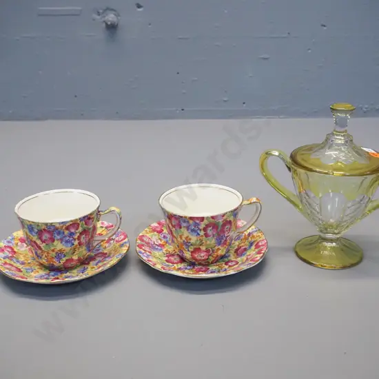 clear with yellow design depression glass etched NZ & South Sea 1926 souvenir lidded comport and 2 Grimwades "Royalty"