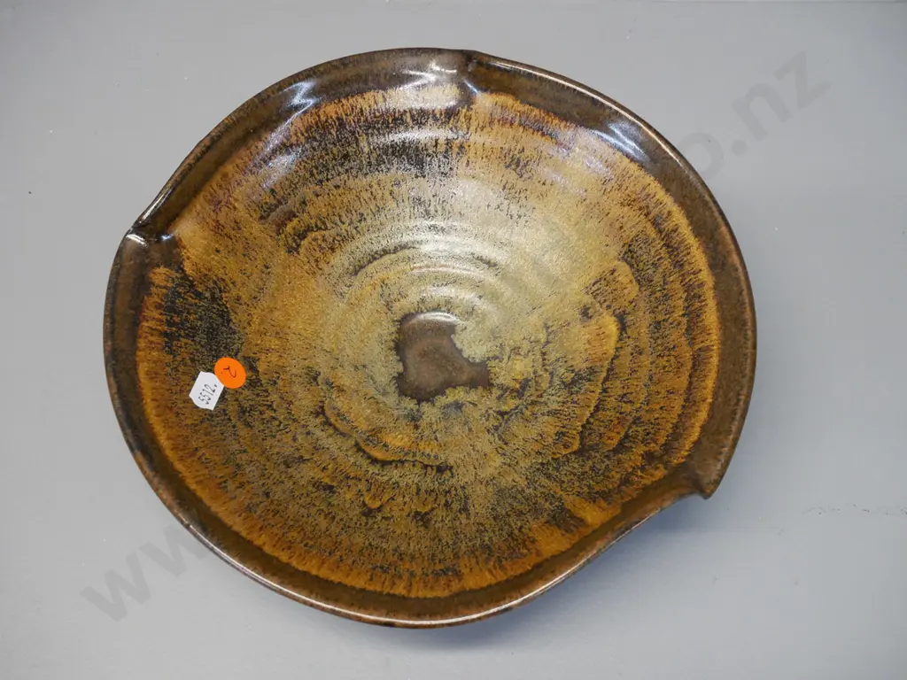 brown stipple glaze studio pottery bowl - unknown maker's mark H-70 D-250 Image 1++