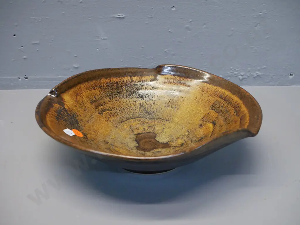 brown stipple glaze studio pottery bowl - unknown maker's mark H-70 D-250 Image 1++