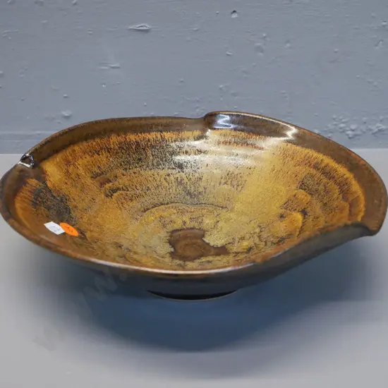 brown stipple glaze studio pottery bowl - unknown maker's mark H-70 D-250