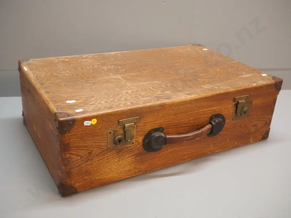 vintage wooden suitcase with brass fittings, leather handle - some damage to veneer on base, borer holes. Image 1++