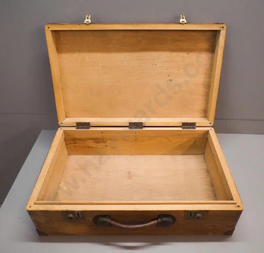 vintage wooden suitcase with brass fittings, leather handle - some damage to veneer on base, borer holes. Image 1++