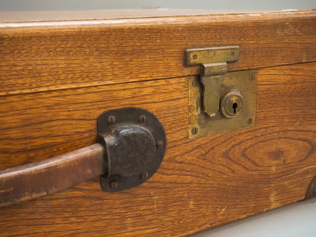 vintage wooden suitcase with brass fittings, leather handle - some damage to veneer on base, borer holes. Image 1++