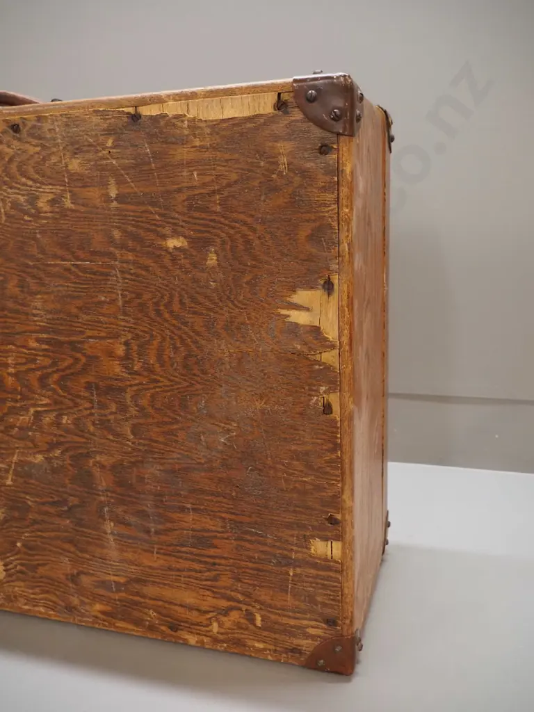 vintage wooden suitcase with brass fittings, leather handle - some damage to veneer on base, borer holes. Image 1++