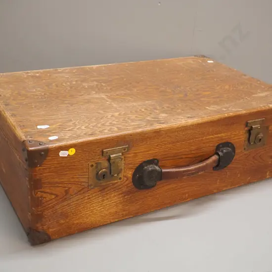 vintage wooden suitcase with brass fittings, leather handle - some damage to veneer on base, borer holes.