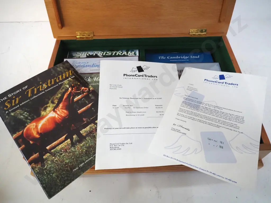 limited edition wood-cased Sir Tristram collectable phone card sets - 5 card sets and a VHS tape, number 188, with Image 1++