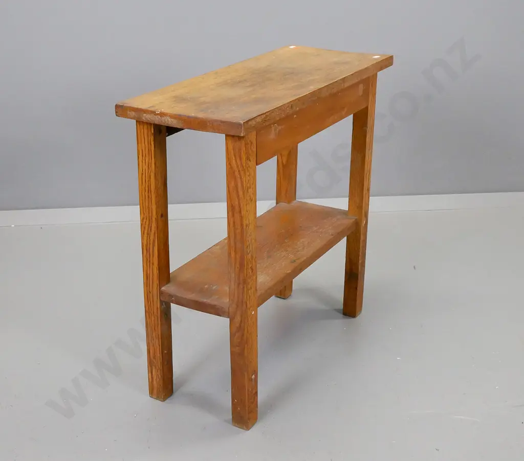 oak side table on square section legs with shelf, surface needs attention H- 620, W- 610, D- 250 Image 1++