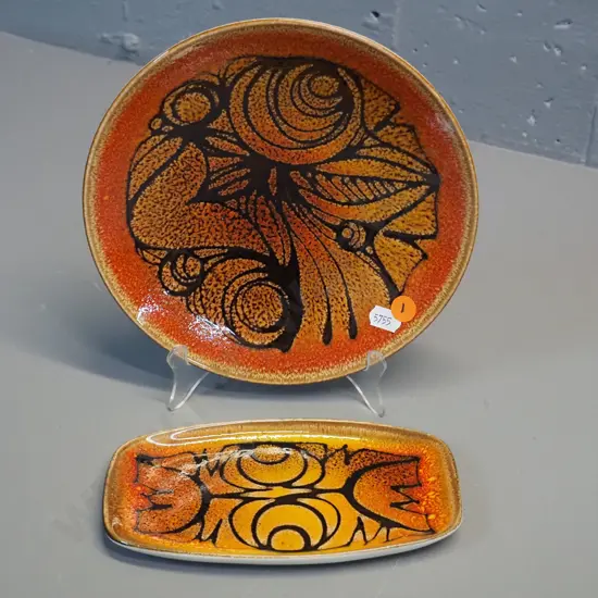 2 pieces of signed retro Poole "Aegean" pattern pottery - larger plate is D-200