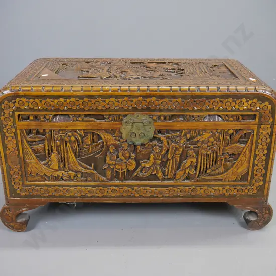 vintage Chinese carved camphorwood trunk on scroll feet with brass split key lock H-450 W-760 D-390