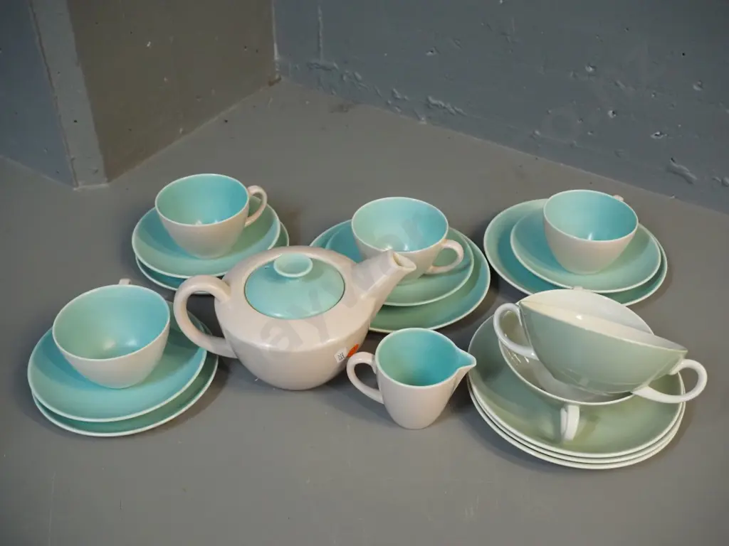 assorted Poole tea and table ware - teapot, creamer, 4 trios, 2 soup bowls & 3 saucers - 2 different sizes side plates Image 1++