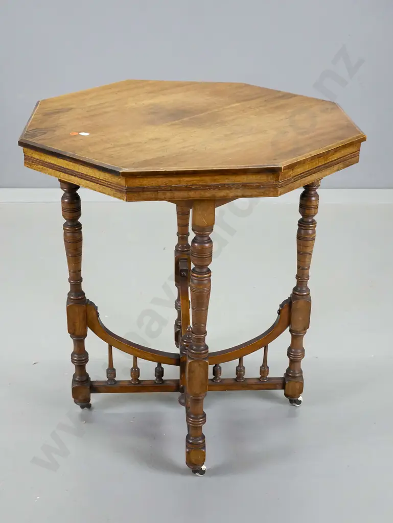 vintage oak octagonal occasional table with spindle cross-base, original porcelain casters H-640 W-590 D-590 Image 1++