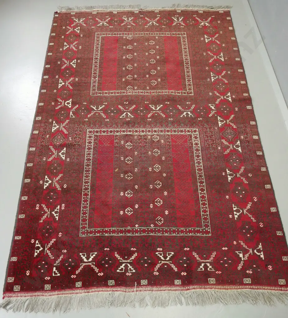 large hand-knotted wool floor rug - red, brown & cream - some fading L-2480 W-1620 Image 1++