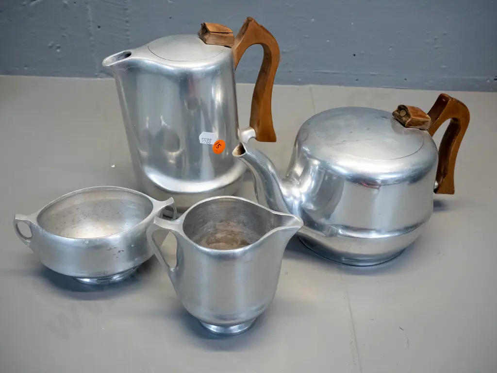 mid-century Picquot ware alloy with timber handles teapot, coffee pot H-185, cream jug & sugar - crack to timber on Image 1++