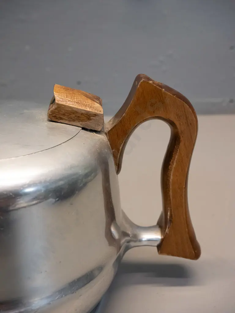 mid-century Picquot ware alloy with timber handles teapot, coffee pot H-185, cream jug & sugar - crack to timber on Image 1++