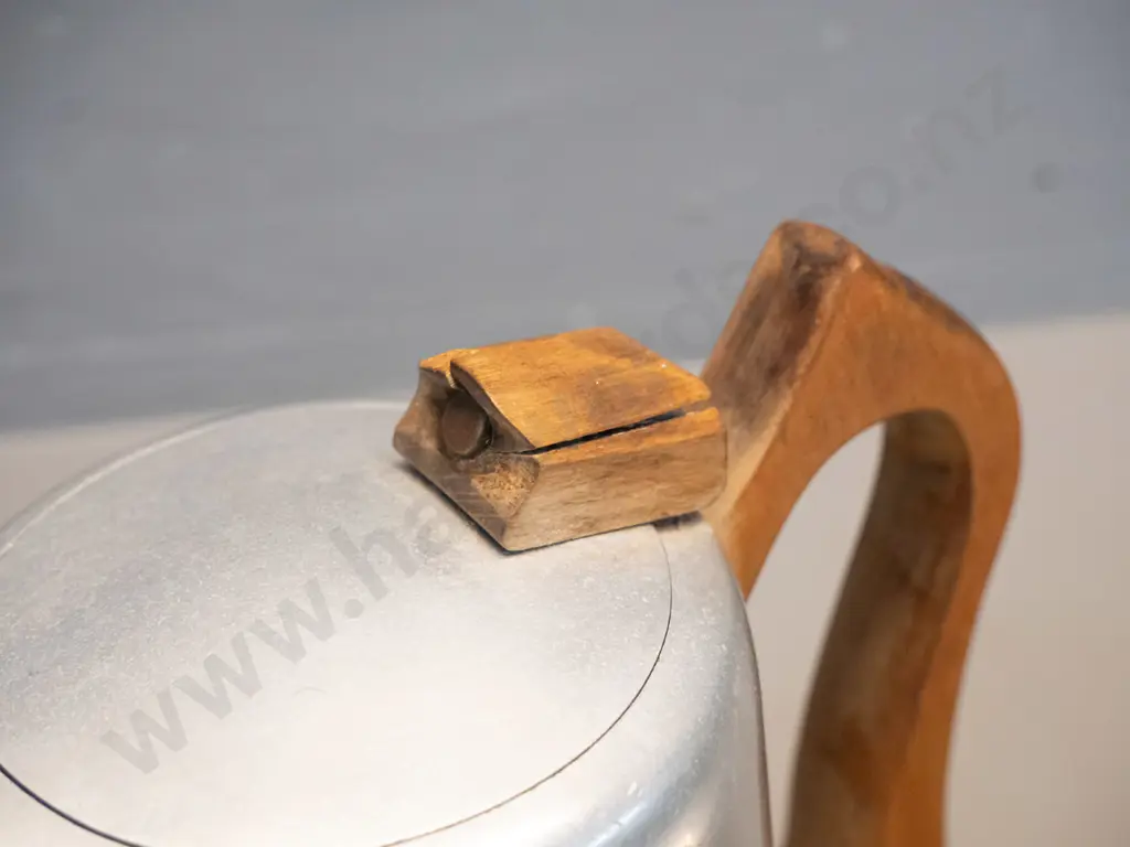 mid-century Picquot ware alloy with timber handles teapot, coffee pot H-185, cream jug & sugar - crack to timber on Image 1++