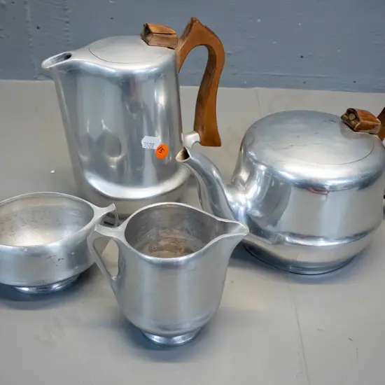 mid-century Picquot ware alloy with timber handles teapot, coffee pot H-185, cream jug & sugar - crack to timber on