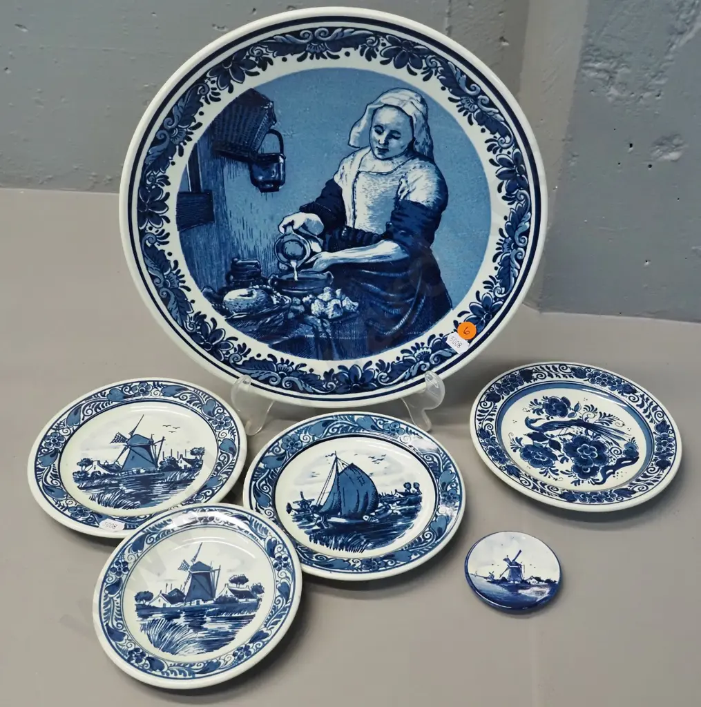 6 pieces of blue & white Delft ware - large plate is D-300 Image 1++