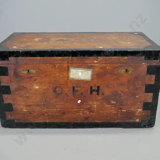 vintage pine trunk with metal strapping and cap corners, tin lined, metal carry handles H-450 W-840 D-450