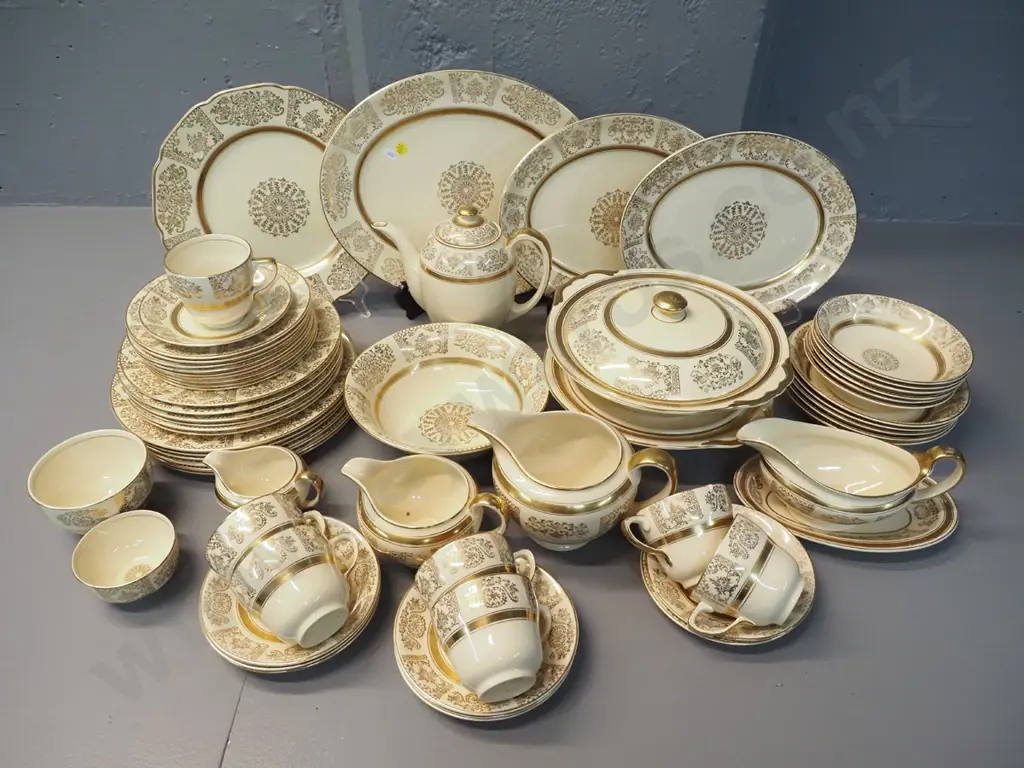 large assortment of Johnson Bros. "Victorian" pattern dinnerware - some wear to decoration, 2 pieces have chips Image 1++