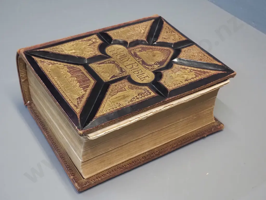 antique large Bible with tooled leather cover, circa 1880s, with many illustrations, some loose and damaged pages, light Image 1++