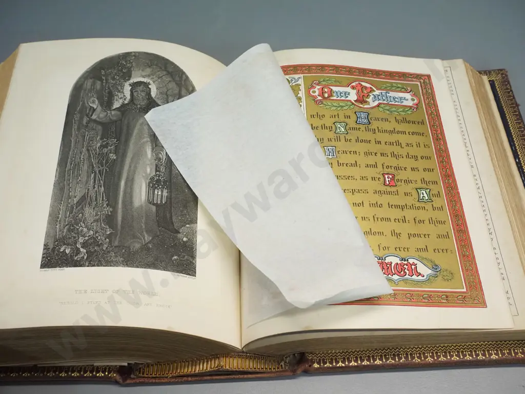 antique large Bible with tooled leather cover, circa 1880s, with many illustrations, some loose and damaged pages, light Image 1++