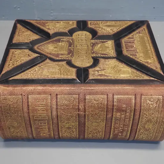 antique large Bible with tooled leather cover, circa 1880s, with many illustrations, some loose and damaged pages, light