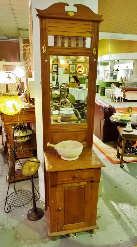 reproduction hall stand with bevelled edge mirror, 2 brass coat hooks, 1 drawer, 1 door w/ wooden knobs Image 1++