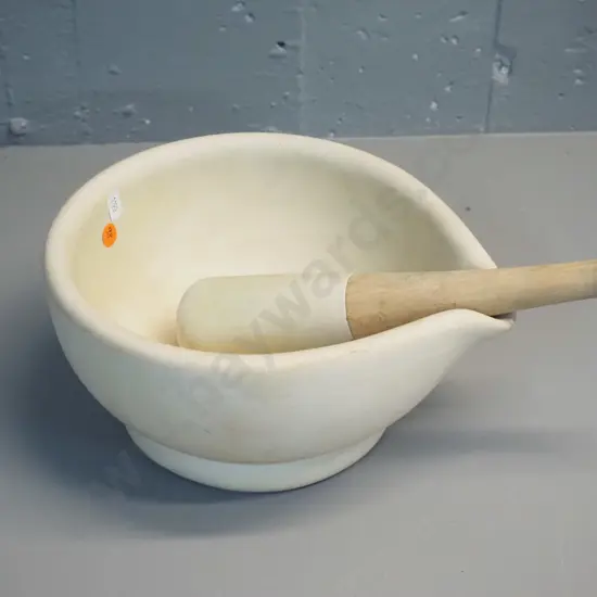 large ironstone or ceramic mortar & pestle w/ wooden handle - bowl H-120 D-260
