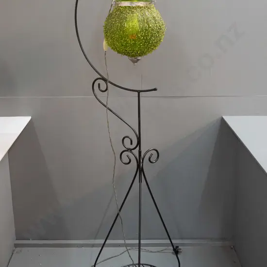 floor lamp made from retro hanging light fitting and 2-piece metal stand (originally a bird cage stand?)