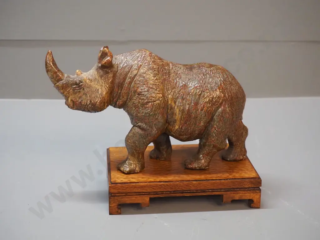 heavy carved stone rhinoceros figure on wooden stand H-170 L-240 Image 1++
