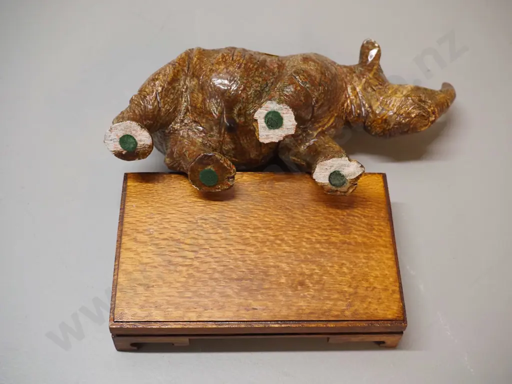 heavy carved stone rhinoceros figure on wooden stand H-170 L-240 Image 1++