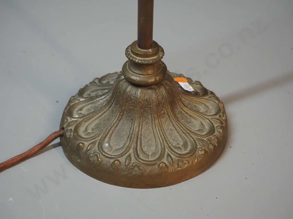 vintage brass table lamp w/ copper gooseneck stem, ribbed & frilled glass shade H-560 Image 1++