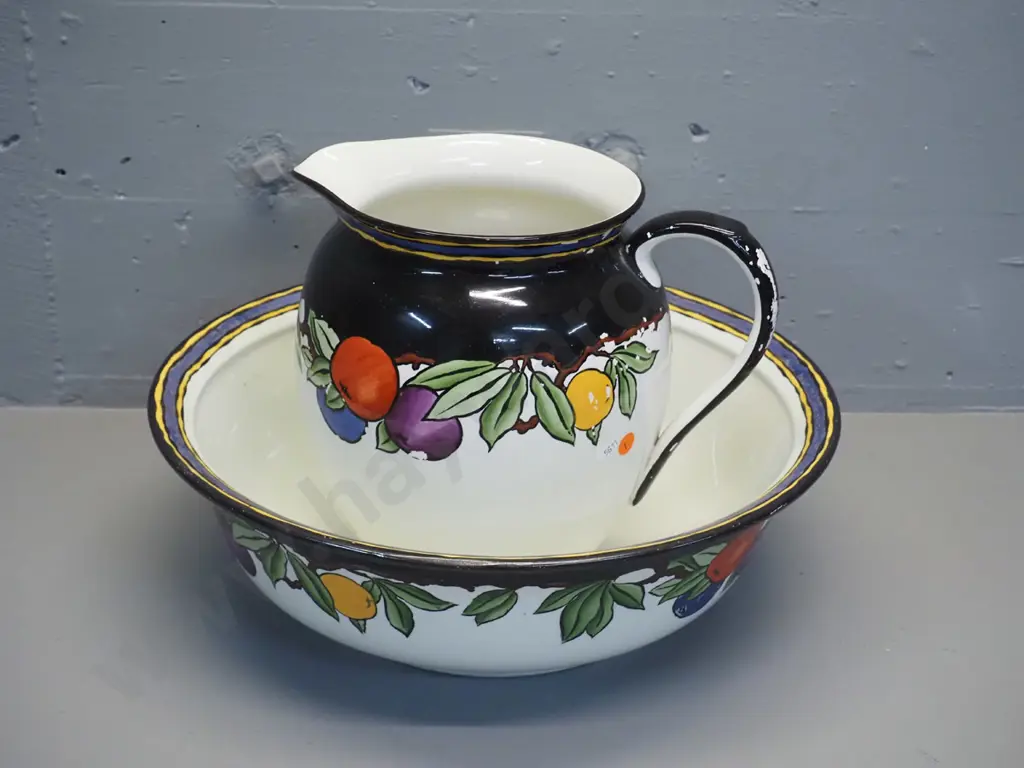 Adderleys Pomona pattern Victorian wash jug and basin - some worn decoration on jug H-255. Bowl D-410 Image 1++