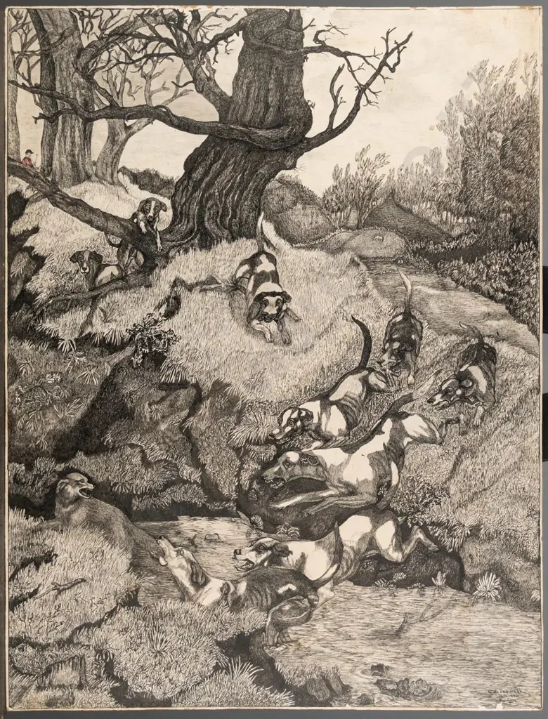 2x unframed CJ Perrett 1885/86 etchings - dog scenes Largest H-430 W-330 (slight aging to each) Image 1++