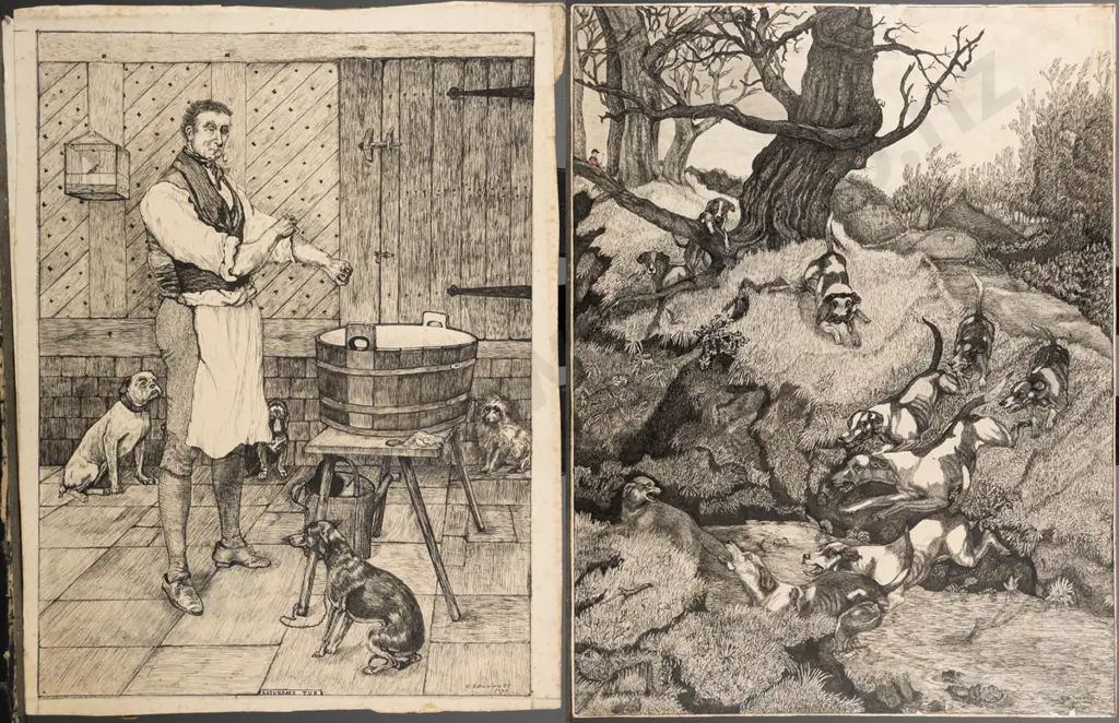 2x unframed CJ Perrett 1885/86 etchings - dog scenes Largest H-430 W-330 (slight aging to each) Image 1++