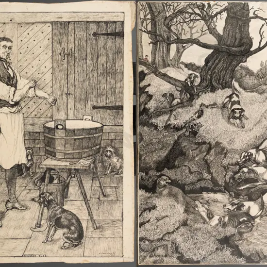 2x unframed CJ Perrett 1885/86 etchings - dog scenes Largest H-430 W-330 (slight aging to each)