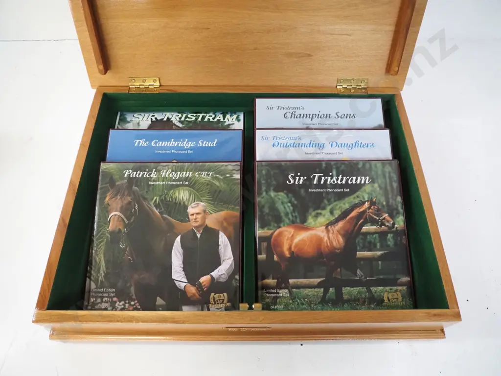 limited edition wood-cased Sir Tristram collectable phone card sets - 5 card sets and a VHS tape, number 181. Case is Image 1++