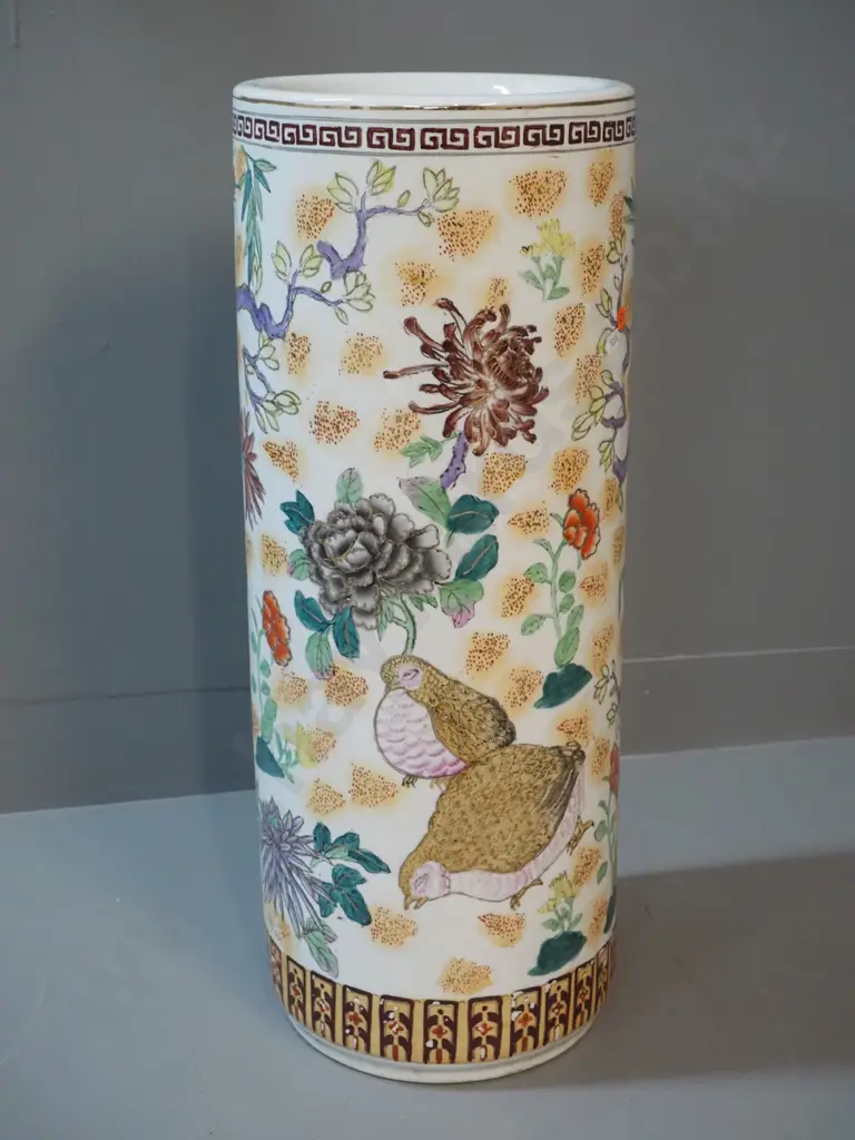 Chinese tall vase or umbrella stand with floral and bird motifs H-600 D-230 Image 1++