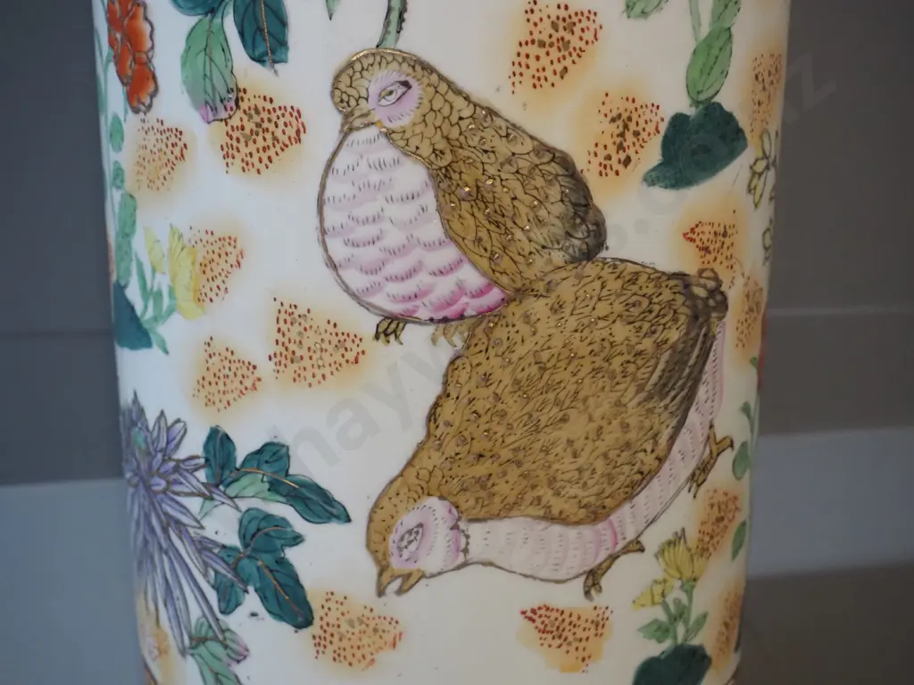 Chinese tall vase or umbrella stand with floral and bird motifs H-600 D-230 Image 1++