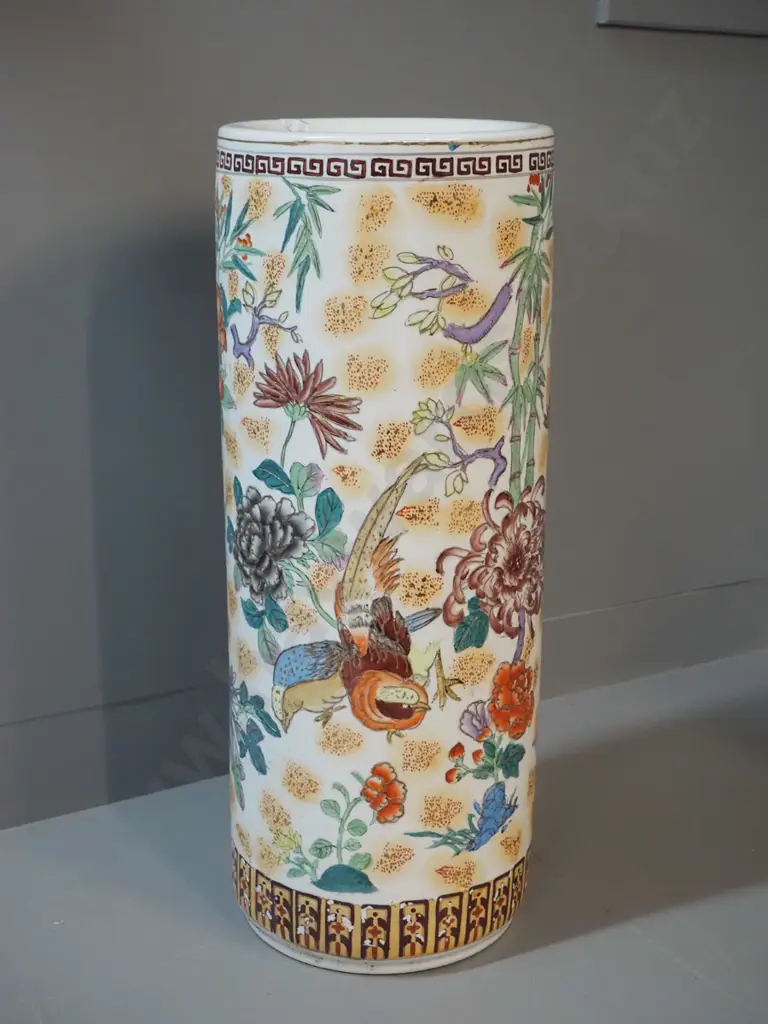 Chinese tall vase or umbrella stand with floral and bird motifs H-600 D-230 Image 1++