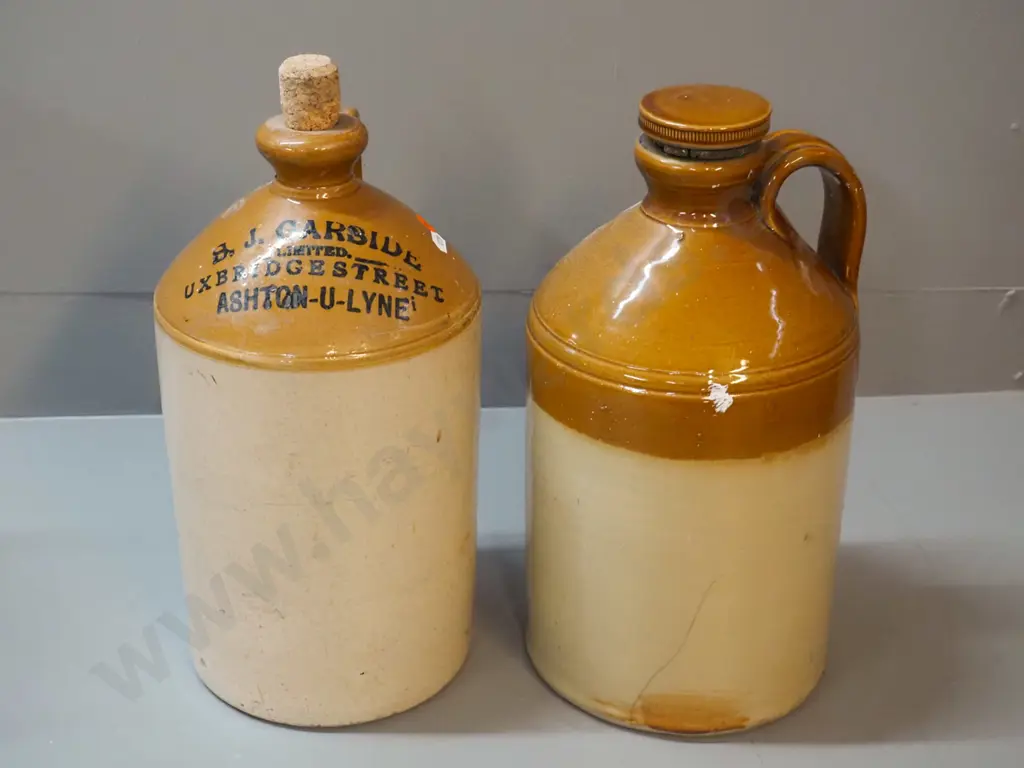 2 salt glazed narrow-mouth handled crocks - unmarked with threaded stopper and other BJ Garside Uxbridge St. Ashton Image 1++