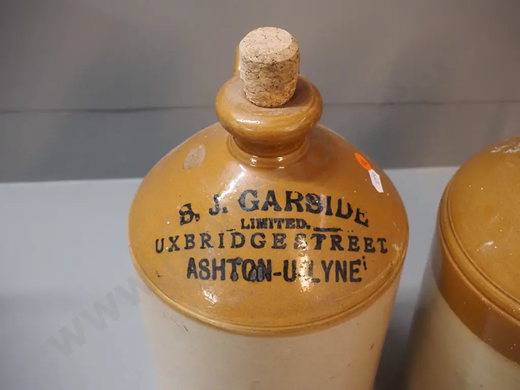 2 salt glazed narrow-mouth handled crocks - unmarked with threaded stopper and other BJ Garside Uxbridge St. Ashton Image 1++